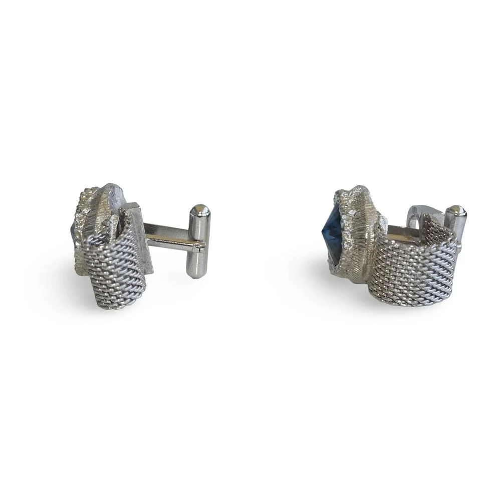 Swank Vintage Mens Blue‎ Crystal Chain Mesh Wrap Cufflinks Silver Tone Toggle